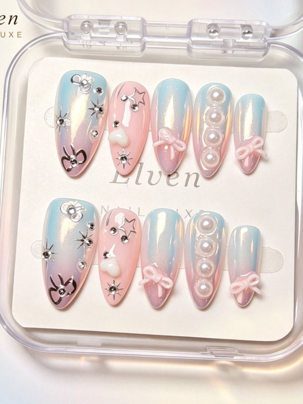 Pink blue aurora medium almond press on nails cute 3D bow pearl star rhinestone